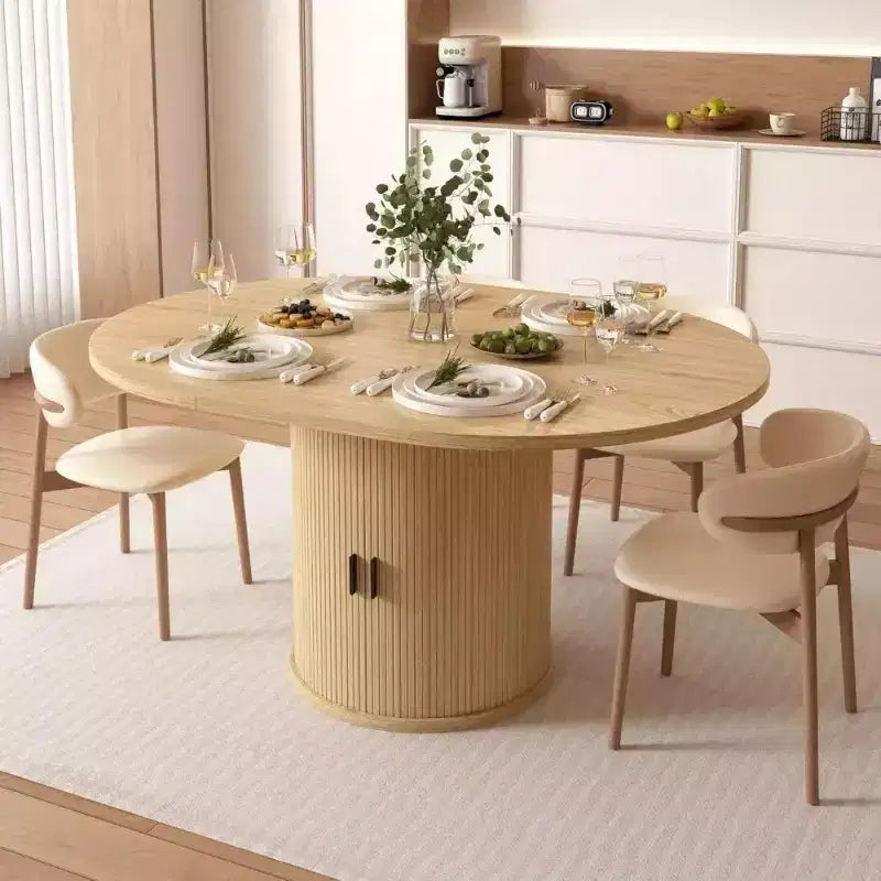 Dyonery 63 Extendable Round Dining Table with 2-Tier Storage Base, Oval-to-Round Expandable Kitchen Table for 46, Walnut