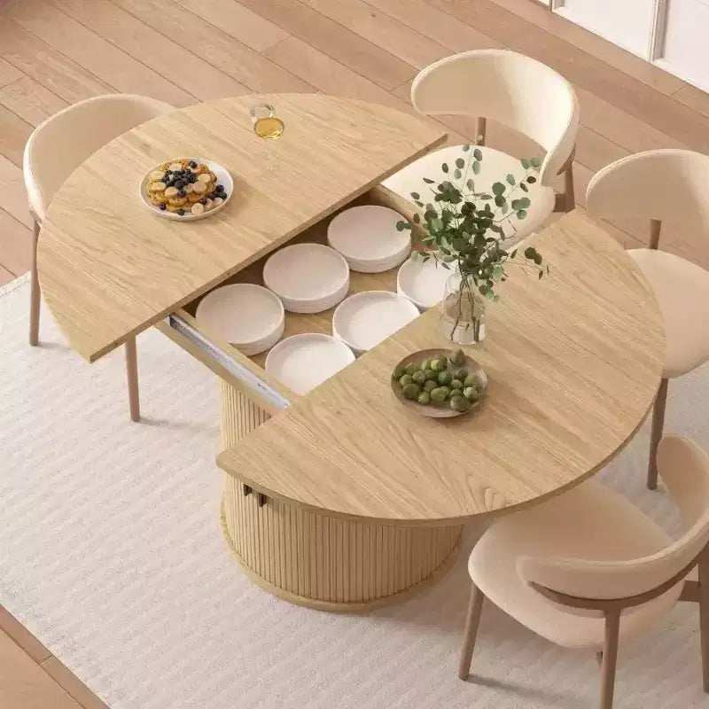 Dyonery 63 Extendable Round Dining Table with 2-Tier Storage Base, Oval-to-Round Expandable Kitchen Table for 46, Walnut
