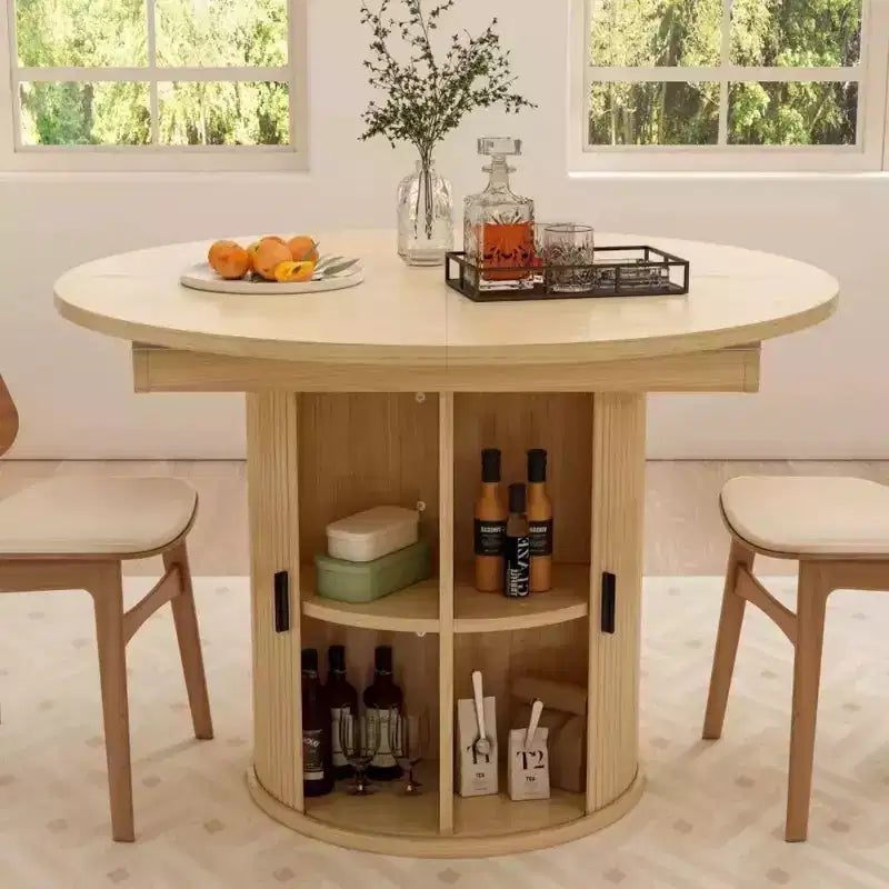 Dyonery 63 Extendable Round Dining Table with 2-Tier Storage Base, Oval-to-Round Expandable Kitchen Table for 46, Walnut