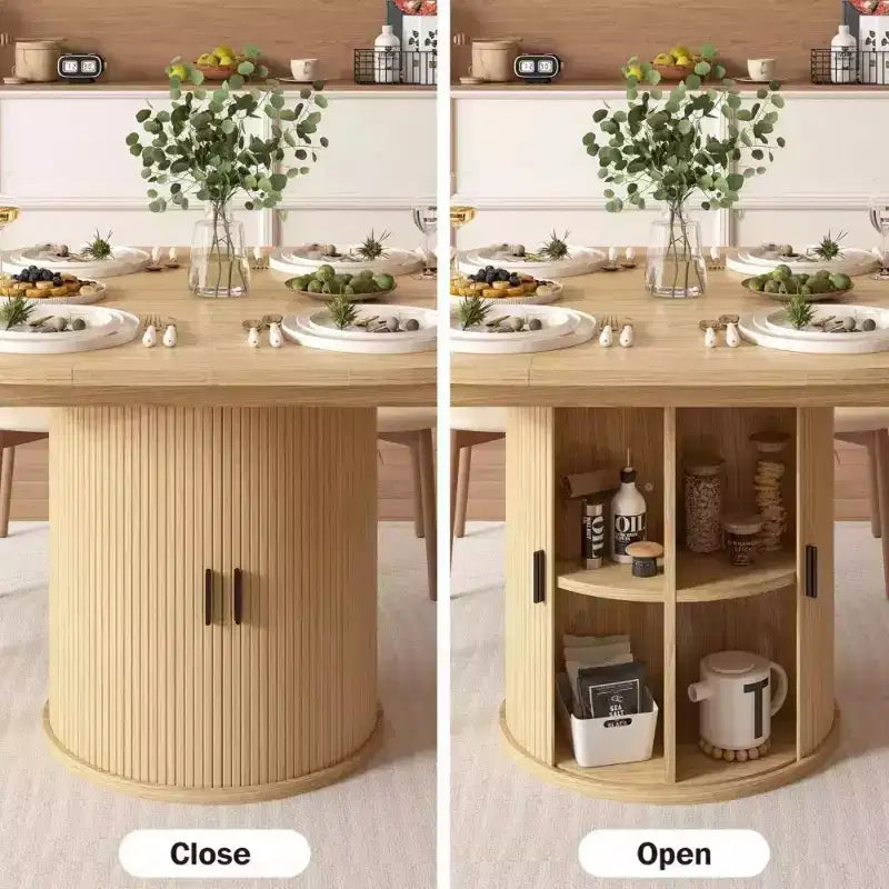 Dyonery 63 Extendable Round Dining Table with 2-Tier Storage Base, Oval-to-Round Expandable Kitchen Table for 46, Walnut