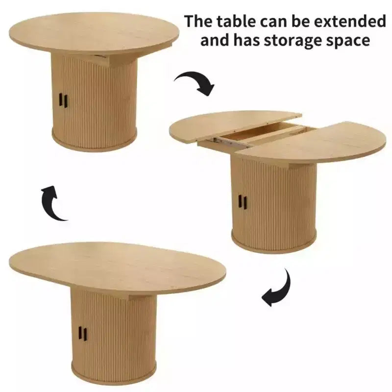 Dyonery 63 Extendable Round Dining Table with 2-Tier Storage Base, Oval-to-Round Expandable Kitchen Table for 46, Walnut