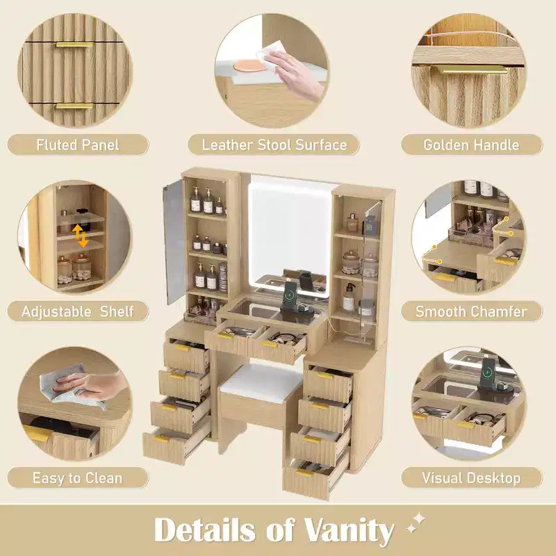 GDFStudio Ina Mid-Century Modern Wood Makeup Vanity Table with Stool, Lighted Mirror, Dual Glass Cabinet, 10 Drawers and Charging Station