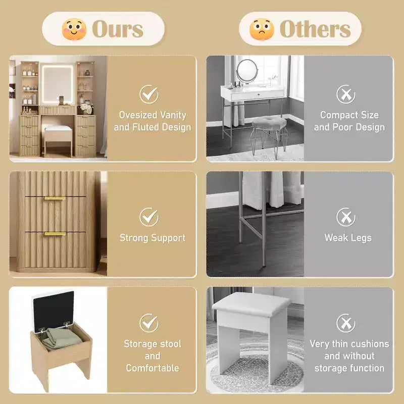 GDFStudio Ina Mid-Century Modern Wood Makeup Vanity Table with Stool, Lighted Mirror, Dual Glass Cabinet, 10 Drawers and Charging Station