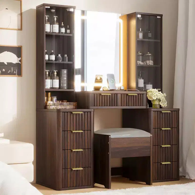 GDFStudio Ina Mid-Century Modern Wood Makeup Vanity Table with Stool, Lighted Mirror, Dual Glass Cabinet, 10 Drawers and Charging Station