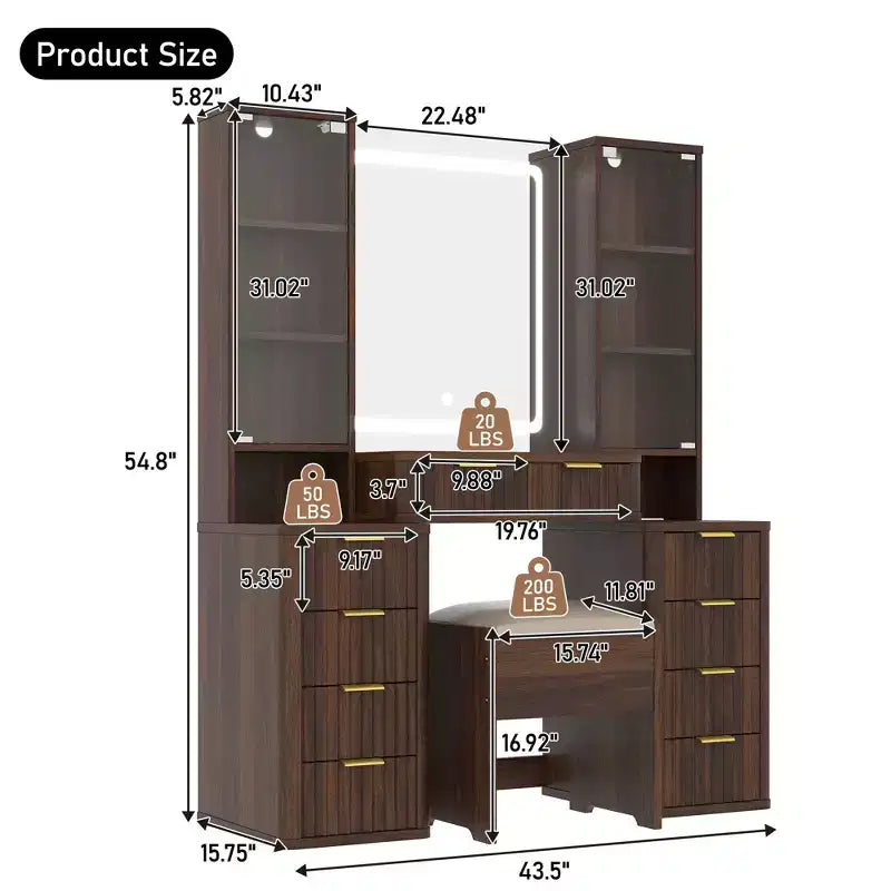 GDFStudio Ina Mid-Century Modern Wood Makeup Vanity Table with Stool, Lighted Mirror, Dual Glass Cabinet, 10 Drawers and Charging Station