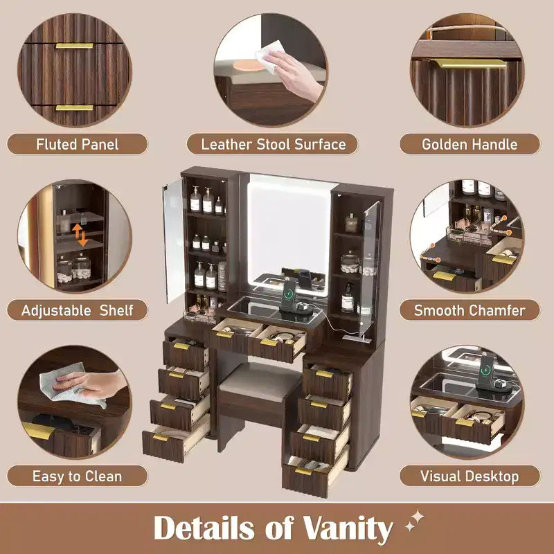 GDFStudio Ina Mid-Century Modern Wood Makeup Vanity Table with Stool, Lighted Mirror, Dual Glass Cabinet, 10 Drawers and Charging Station