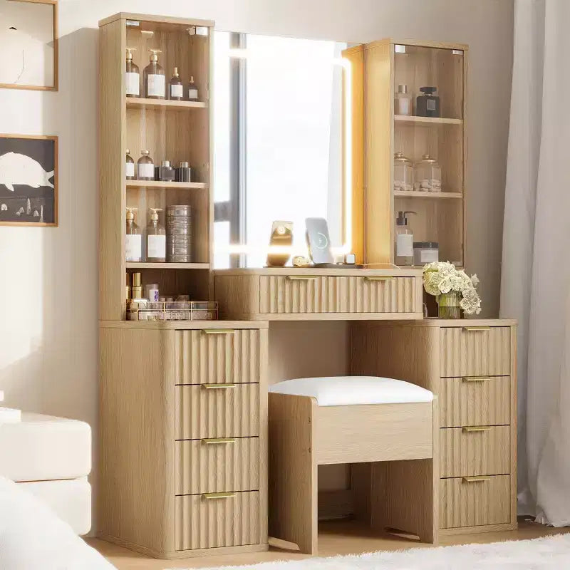 GDFStudio Ina Mid-Century Modern Wood Makeup Vanity Table with Stool, Lighted Mirror, Dual Glass Cabinet, 10 Drawers and Charging Station