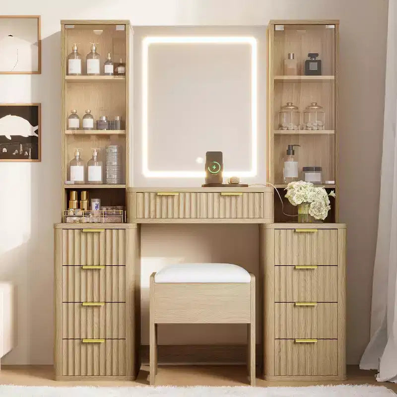 GDFStudio Ina Mid-Century Modern Wood Makeup Vanity Table with Stool, Lighted Mirror, Dual Glass Cabinet, 10 Drawers and Charging Station