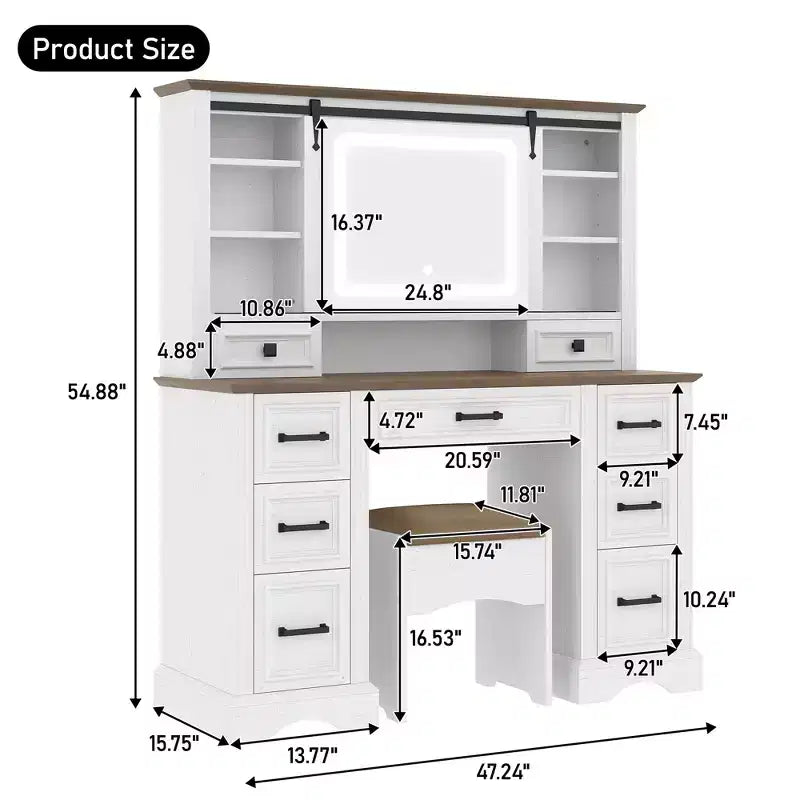 GDFStudio Darren Farmhouse Wood Makeup Vanity Desk Set with Storage Stool, Sliding Lighted Mirror, 9 Drawers and Charging Station