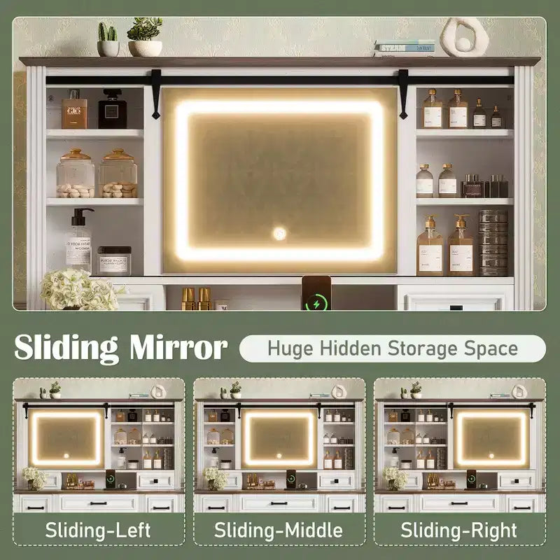 GDFStudio Darren Farmhouse Wood Makeup Vanity Desk Set with Storage Stool, Sliding Lighted Mirror, 9 Drawers and Charging Station