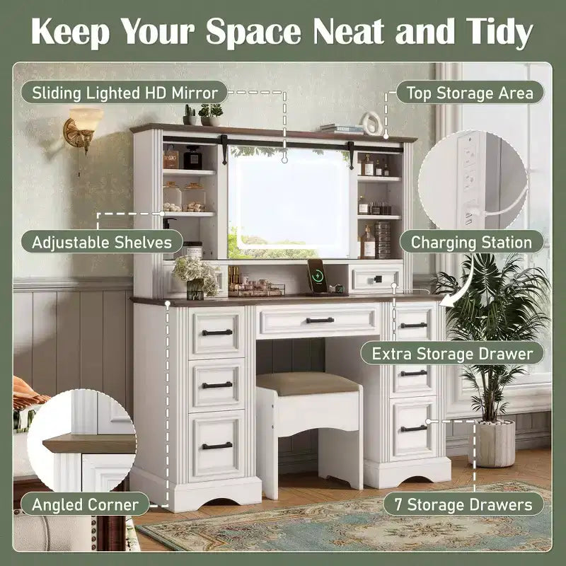 GDFStudio Darren Farmhouse Wood Makeup Vanity Desk Set with Storage Stool, Sliding Lighted Mirror, 9 Drawers and Charging Station