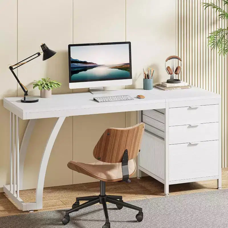 Lantine 59-Inch Computer Desk with 3 Drawers, PC Desk with Reversible Drawers and File Storage for Home Office, Industrial White