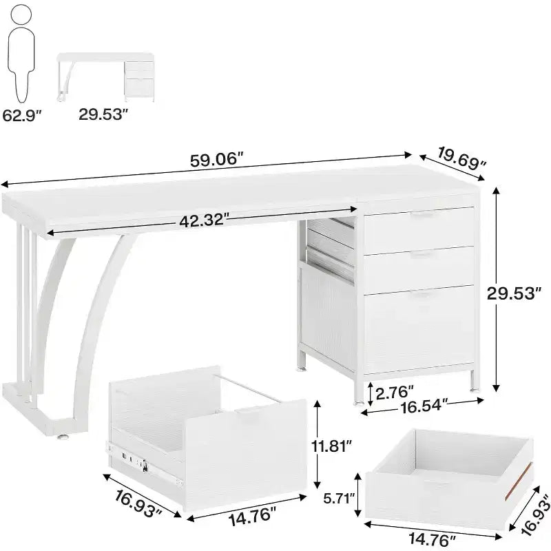 Lantine 59-Inch Computer Desk with 3 Drawers, PC Desk with Reversible Drawers and File Storage for Home Office, Industrial White
