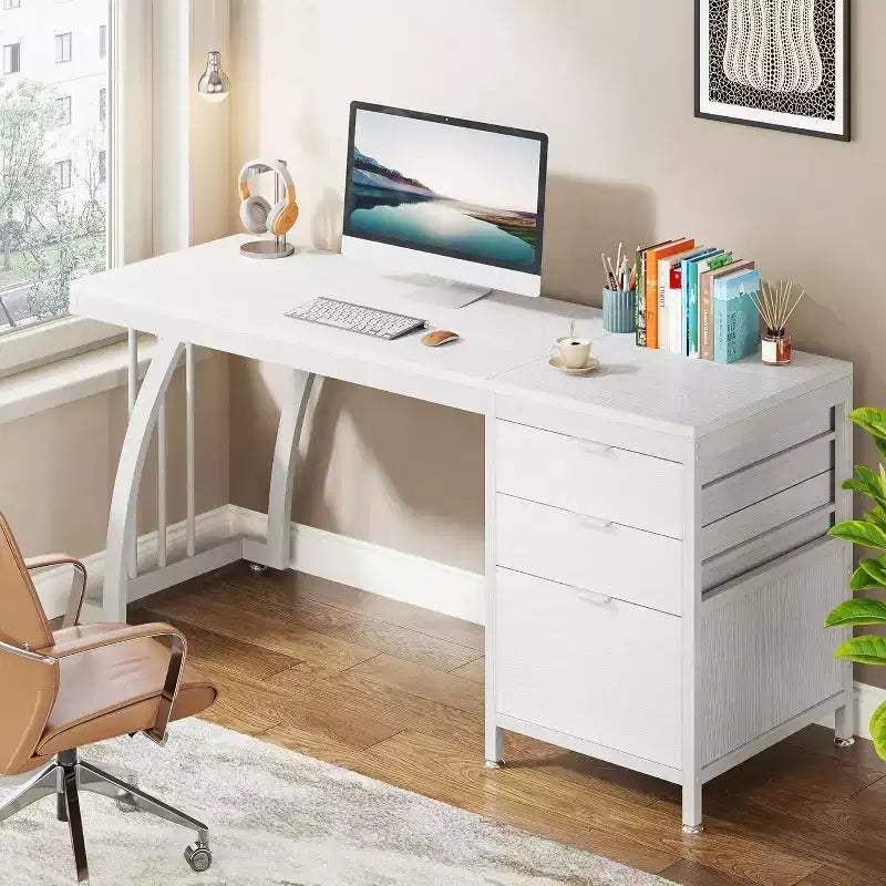 Lantine 59-Inch Computer Desk with 3 Drawers, PC Desk with Reversible Drawers and File Storage for Home Office, Industrial White