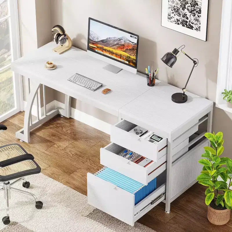 Lantine 59-Inch Computer Desk with 3 Drawers, PC Desk with Reversible Drawers and File Storage for Home Office, Industrial White