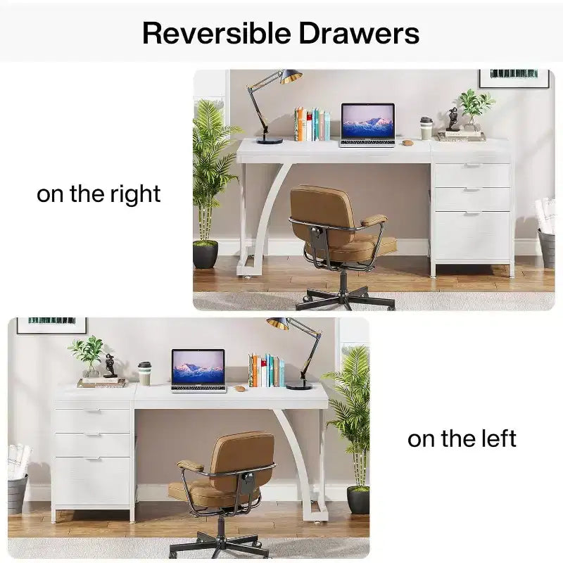 Lantine 59-Inch Computer Desk with 3 Drawers, PC Desk with Reversible Drawers and File Storage for Home Office, Industrial White