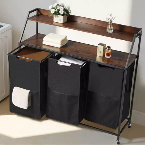 3 Section Rolling Laundry Sorter with Wood Top and Removable Hamper Bags 45 Gallon
