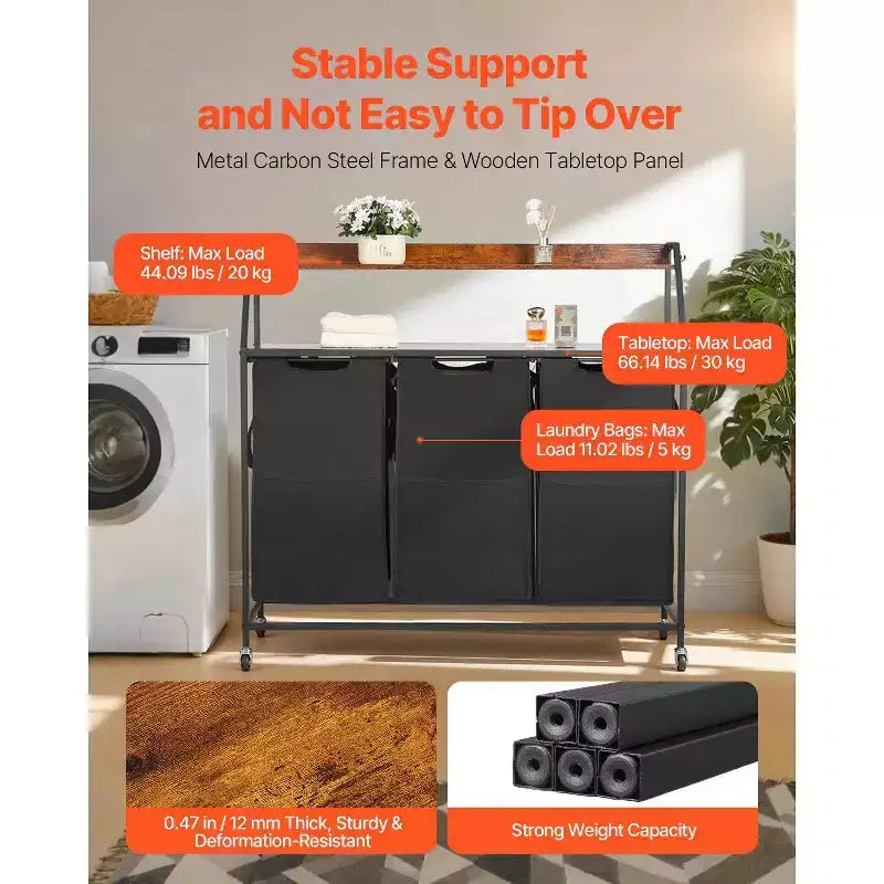 3 Section Rolling Laundry Sorter with Wood Top and Removable Hamper Bags 45 Gallon