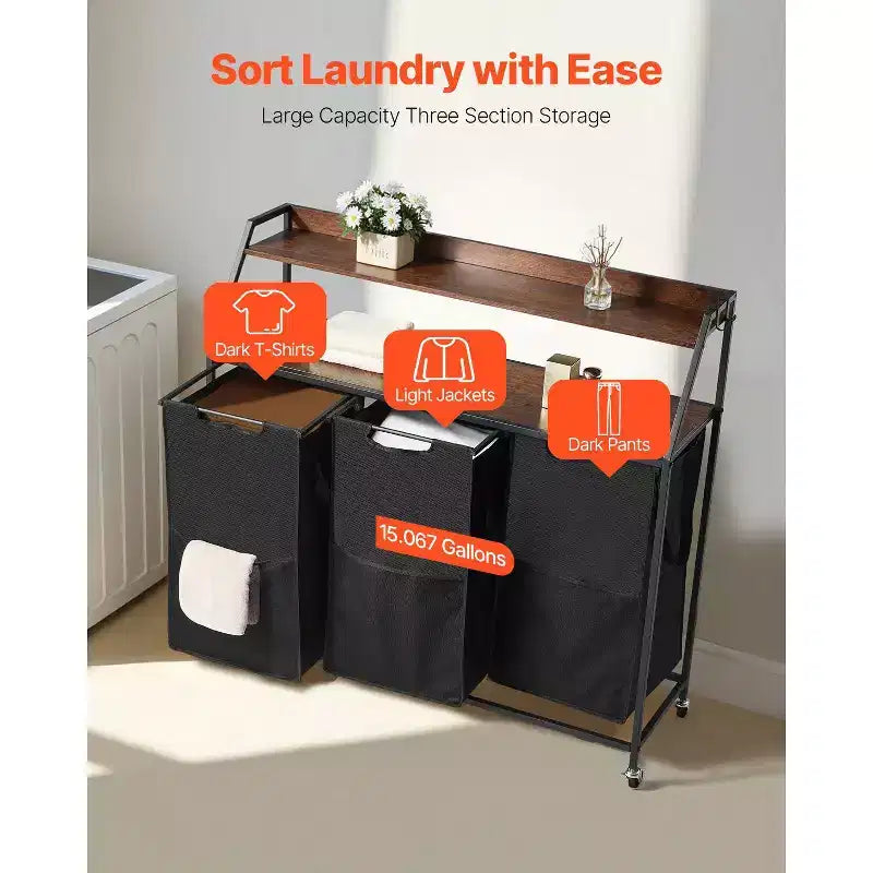 3 Section Rolling Laundry Sorter with Wood Top and Removable Hamper Bags 45 Gallon