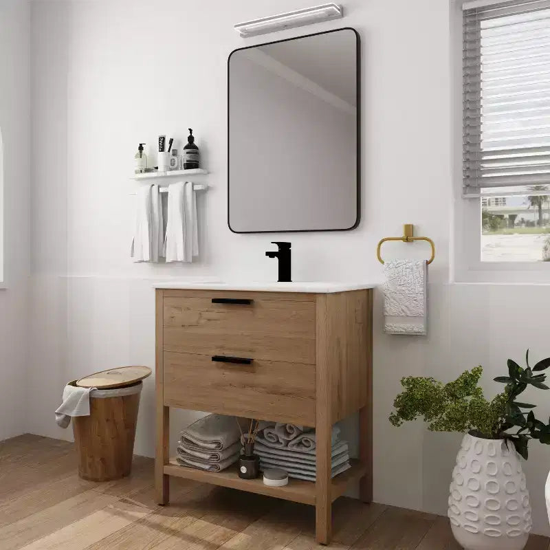 30'Single Vanity 2 Drawers, Ceramic Sink, Open Shelf, 4 Feet Modern Durable Bathroom Storage Cabinet 1 Imitative Oak Rectangular Wood