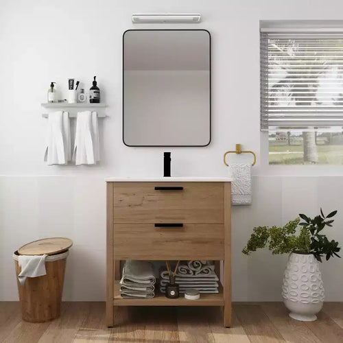 30'Single Vanity 2 Drawers, Ceramic Sink, Open Shelf, 4 Feet Modern Durable Bathroom Storage Cabinet 1 Imitative Oak Rectangular Wood
