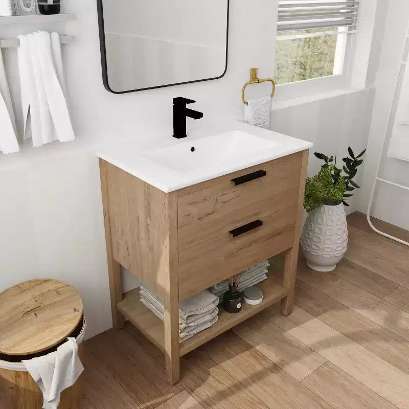 30'Single Vanity 2 Drawers, Ceramic Sink, Open Shelf, 4 Feet Modern Durable Bathroom Storage Cabinet 1 Imitative Oak Rectangular Wood