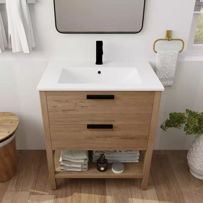 30'Single Vanity 2 Drawers, Ceramic Sink, Open Shelf, 4 Feet Modern Durable Bathroom Storage Cabinet 1 Imitative Oak Rectangular Wood
