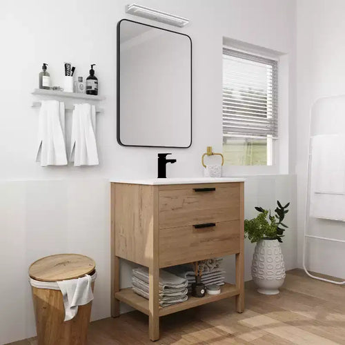 30'Single Vanity 2 Drawers, Ceramic Sink, Open Shelf, 4 Feet Modern Durable Bathroom Storage Cabinet 1 Imitative Oak Rectangular Wood