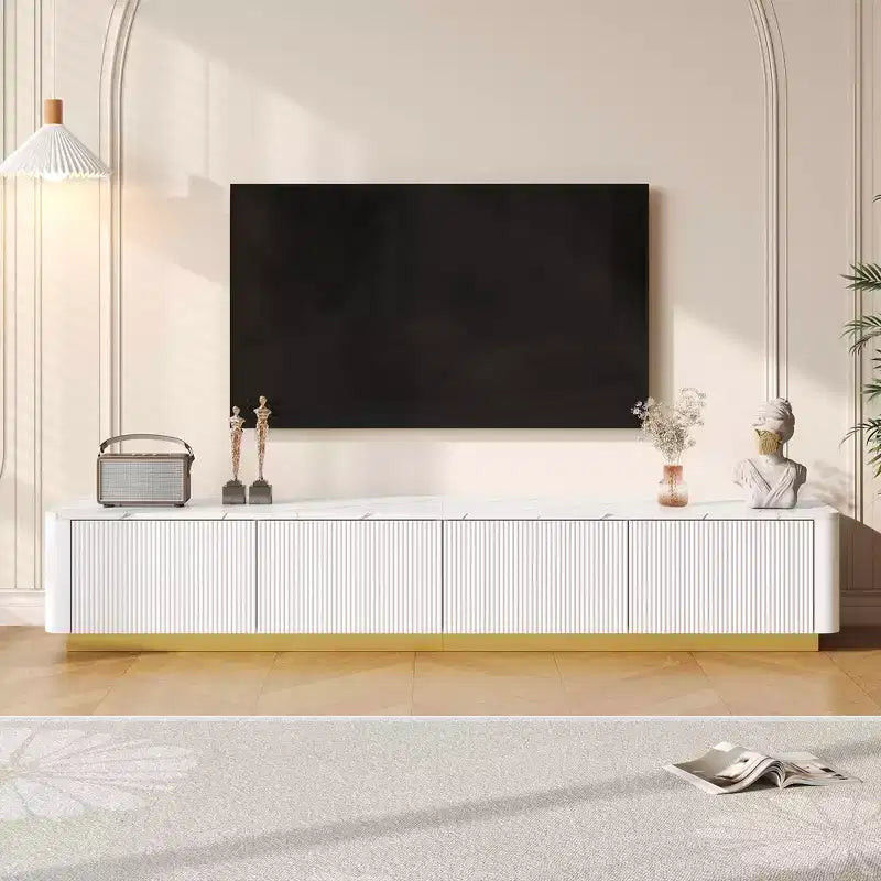 MAYEERTY White Luxury Fluted TV Stand, Faux Marble Media Console with Gold Base for 85 TVs