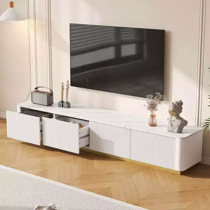MAYEERTY White Luxury Fluted TV Stand, Faux Marble Media Console with Gold Base for 85 TVs