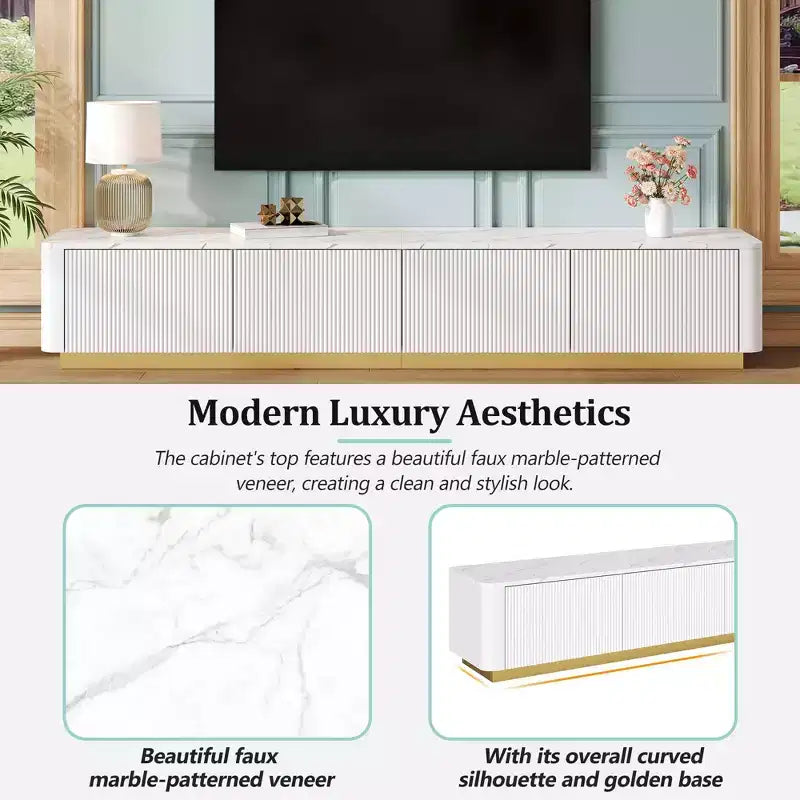 MAYEERTY White Luxury Fluted TV Stand, Faux Marble Media Console with Gold Base for 85 TVs