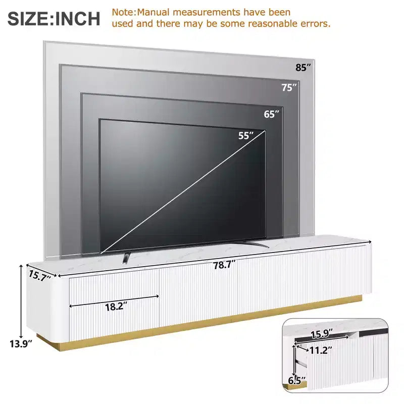 MAYEERTY White Luxury Fluted TV Stand, Faux Marble Media Console with Gold Base for 85 TVs