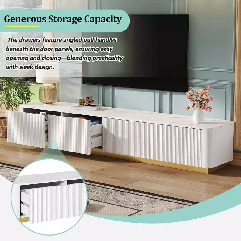 MAYEERTY White Luxury Fluted TV Stand, Faux Marble Media Console with Gold Base for 85 TVs