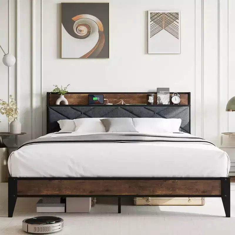 Bed Frame,Upholstered Headboard with Storage and Charging Station, Tufted Design, Steel Slats Support, No Box Spring Needed, Easy Assembly
