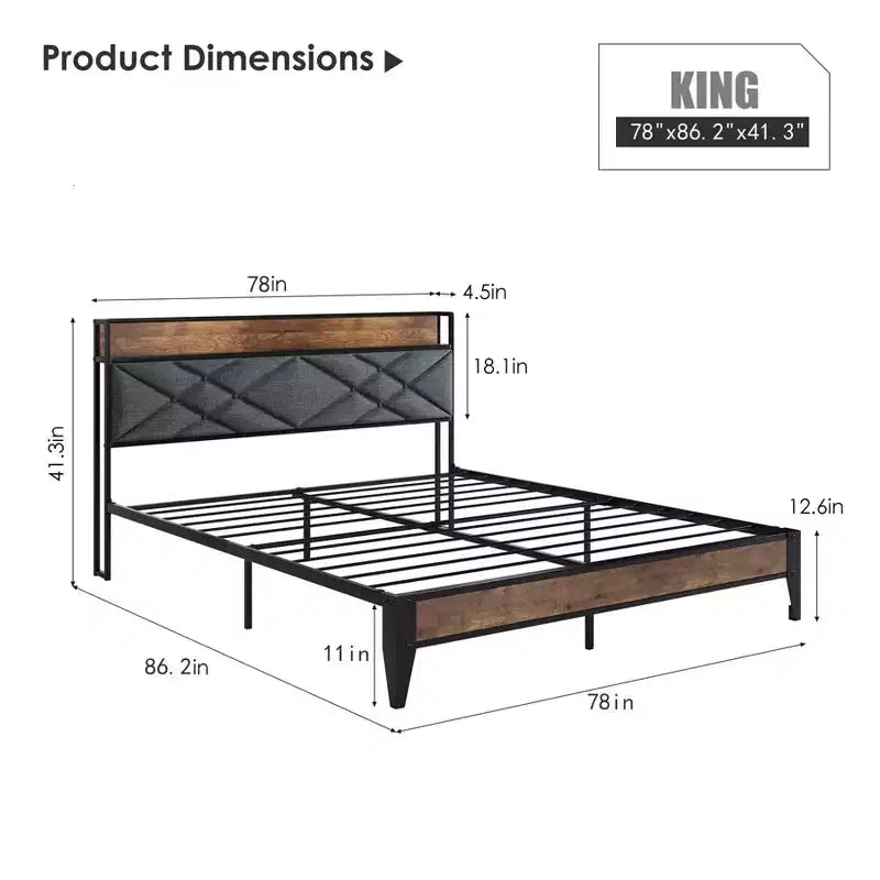 Bed Frame,Upholstered Headboard with Storage and Charging Station, Tufted Design, Steel Slats Support, No Box Spring Needed, Easy Assembly