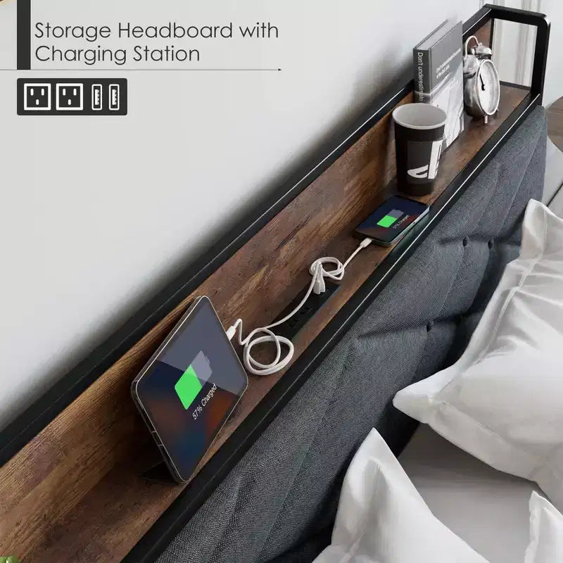 Bed Frame,Upholstered Headboard with Storage and Charging Station, Tufted Design, Steel Slats Support, No Box Spring Needed, Easy Assembly