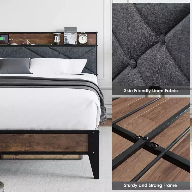 Bed Frame,Upholstered Headboard with Storage and Charging Station, Tufted Design, Steel Slats Support, No Box Spring Needed, Easy Assembly