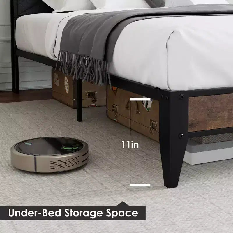Bed Frame,Upholstered Headboard with Storage and Charging Station, Tufted Design, Steel Slats Support, No Box Spring Needed, Easy Assembly