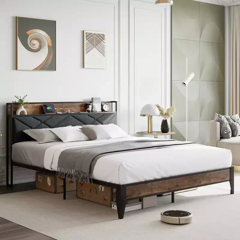 Bed Frame,Upholstered Headboard with Storage and Charging Station, Tufted Design, Steel Slats Support, No Box Spring Needed, Easy Assembly