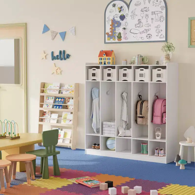 5-Section Classroom Coat Locker with 10 Hooks, Cubby Storage Organizer with 10 Cubbies for Home, Kindergarten,School, Nursery
