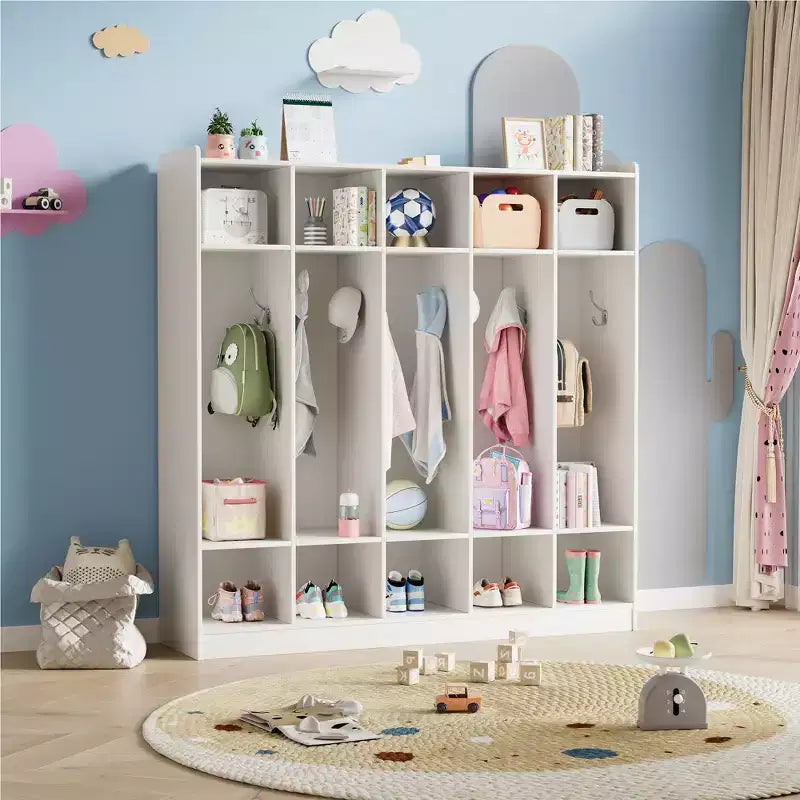 5-Section Classroom Coat Locker with 10 Hooks, Cubby Storage Organizer with 10 Cubbies for Home, Kindergarten,School, Nursery