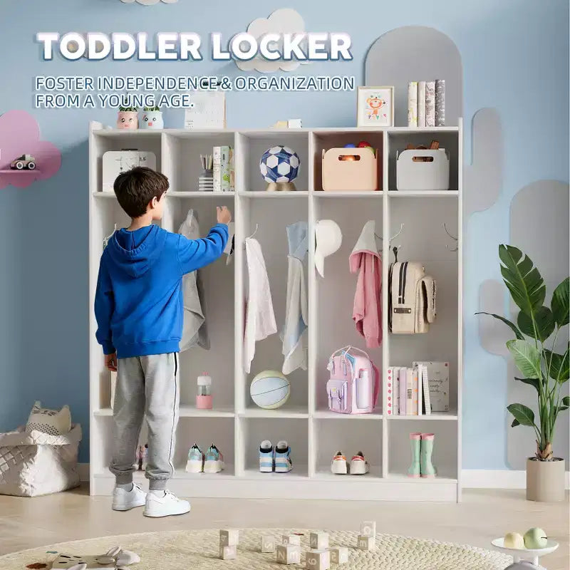 5-Section Classroom Coat Locker with 10 Hooks, Cubby Storage Organizer with 10 Cubbies for Home, Kindergarten,School, Nursery