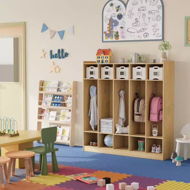 5-Section Classroom Coat Locker with 10 Hooks, Cubby Storage Organizer with 10 Cubbies for Home, Kindergarten,School, Nursery