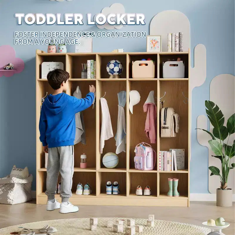 5-Section Classroom Coat Locker with 10 Hooks, Cubby Storage Organizer with 10 Cubbies for Home, Kindergarten,School, Nursery