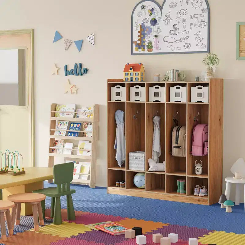 5-Section Classroom Coat Locker with 10 Hooks, Cubby Storage Organizer with 10 Cubbies for Home, Kindergarten,School, Nursery