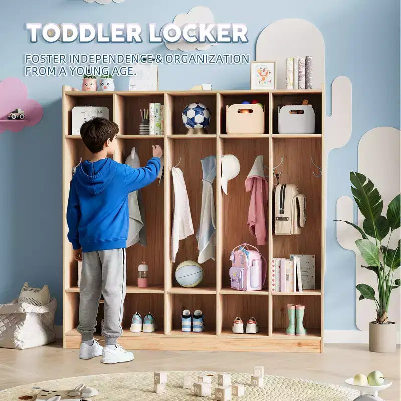 5-Section Classroom Coat Locker with 10 Hooks, Cubby Storage Organizer with 10 Cubbies for Home, Kindergarten,School, Nursery