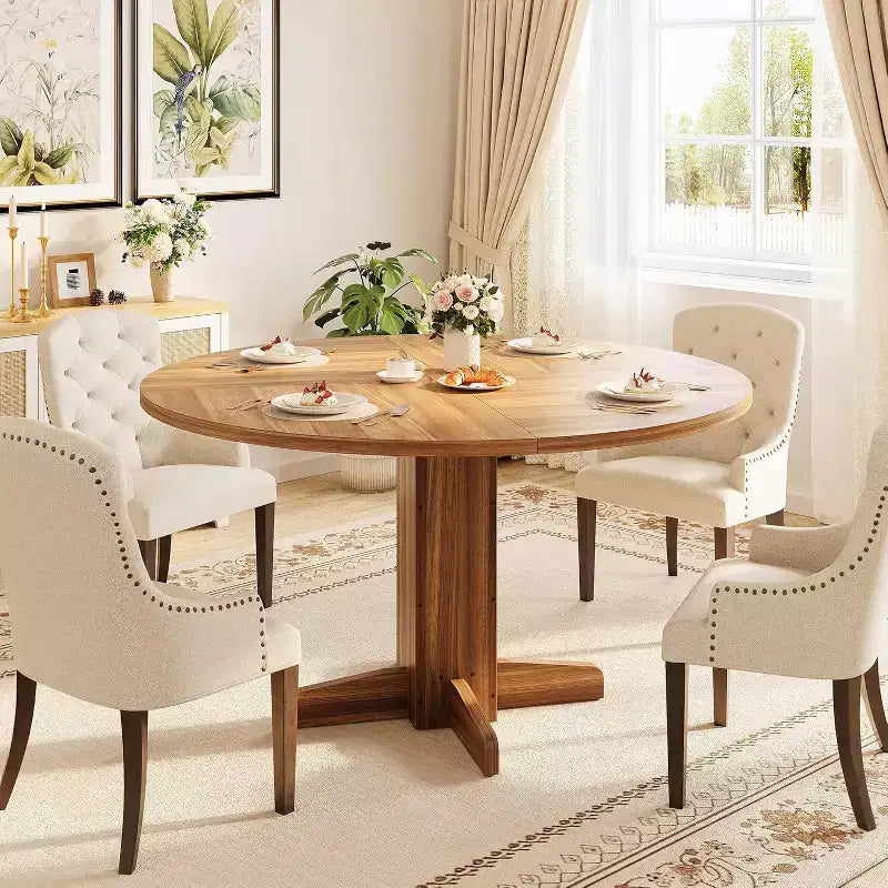 Round Dining Room Table for 4-6, 47 Wood Kitchen Table with Sturdy Pedestal Base, Farmhouse Circle Dinner Tables for Living Room, Apartment, Walnut