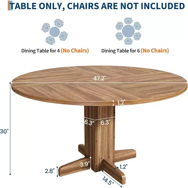Round Dining Room Table for 4-6, 47 Wood Kitchen Table with Sturdy Pedestal Base, Farmhouse Circle Dinner Tables for Living Room, Apartment, Walnut