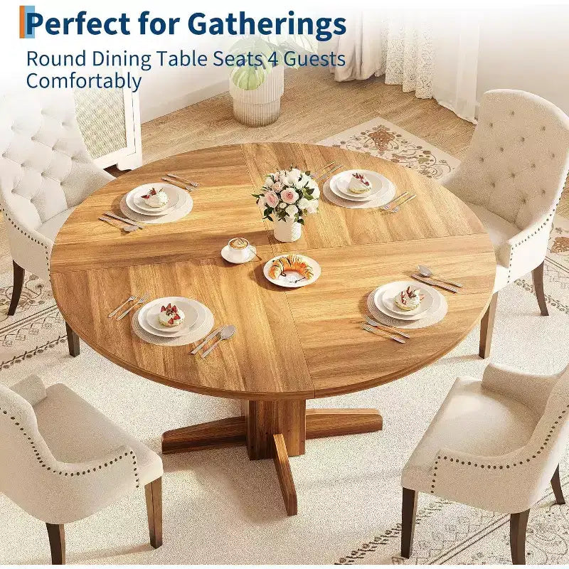 Round Dining Room Table for 4-6, 47 Wood Kitchen Table with Sturdy Pedestal Base, Farmhouse Circle Dinner Tables for Living Room, Apartment, Walnut