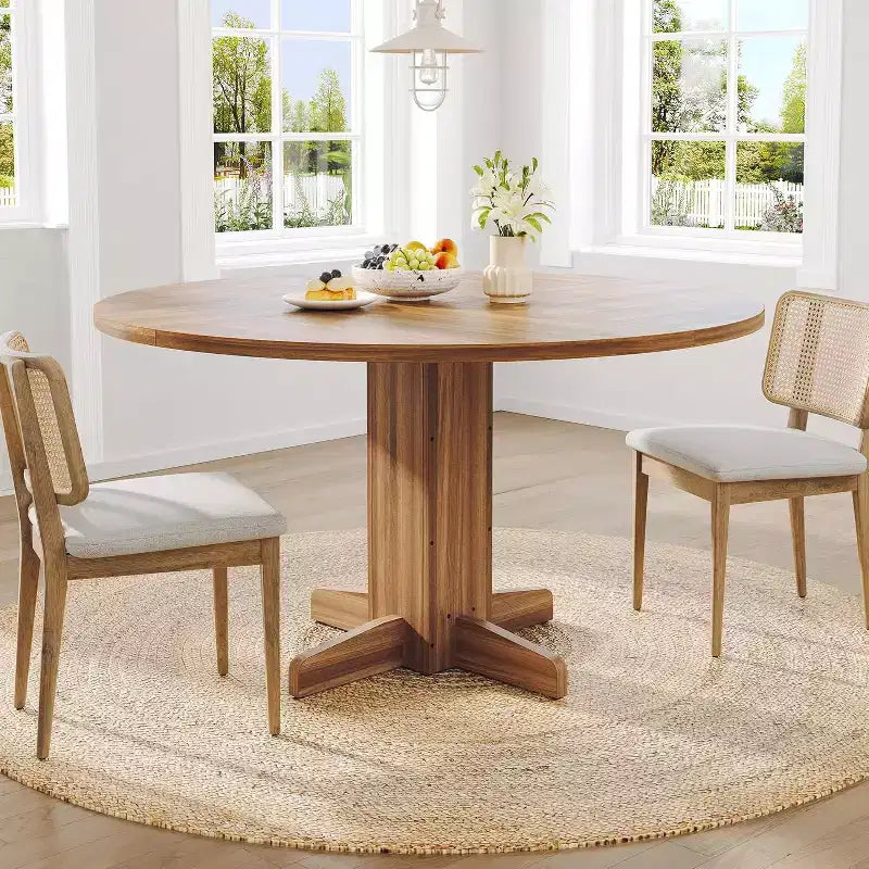 Round Dining Room Table for 4-6, 47 Wood Kitchen Table with Sturdy Pedestal Base, Farmhouse Circle Dinner Tables for Living Room, Apartment, Walnut